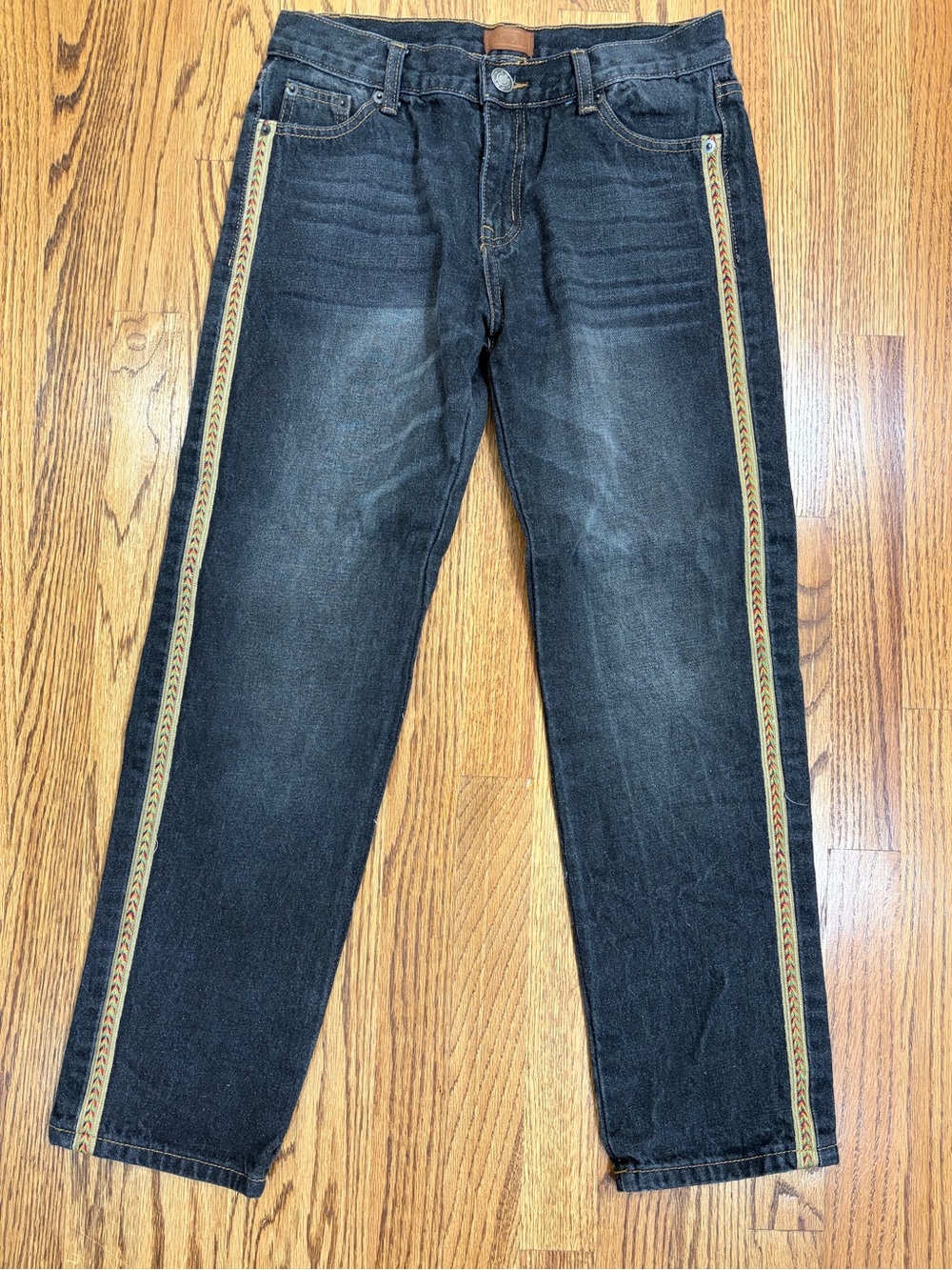 POL Straight Black Wash Jeans with Rainbow Embroidered Side Stripe (S 4-6)